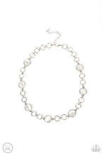 Load image into Gallery viewer, Pairs of silver hoops and white cat&#39;s eye dotted silver frames delicately link around the neck, creating a dreamy glow. Features an adjustable clasp closure.  Sold as one individual choker necklace. Includes one pair of matching earrings.
