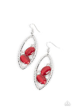 Load image into Gallery viewer, Infused with glassy white rhinestones, a pair of red oval cat&#39;s eye stones nestle inside of a hammered silver frame for a fashionable finish. Earring attaches to a standard fishhook fitting.  Sold as one pair of earrings.
