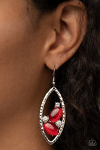 Load image into Gallery viewer, Infused with glassy white rhinestones, a pair of red oval cat&#39;s eye stones nestle inside of a hammered silver frame for a fashionable finish. Earring attaches to a standard fishhook fitting.  Sold as one pair of earrings.
