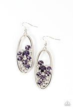 Load image into Gallery viewer, Effervescent stacks of sparkly white and purple rhinestones bubble up inside a simple silver oval frame creating a prismatically stunning lure. Earring attaches to a standard fishhook fitting.  Sold as one pair of earrings.
