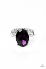 Load image into Gallery viewer, A stunning faceted plum gem, set in edgy pronged fittings, creates a glamorous show-stopping centerpiece atop sleek silver bands. Features a dainty stretchy band for a flexible fit.  Sold as one individual ring.
