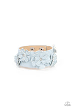Load image into Gallery viewer, Dotted with dainty white rhinestone centers, textured Glacier Lake leather petals layer into a blooming floral centerpiece atop the front of a thick Glacier Lake leather band for a rustic finish. Features an adjustable snap closure.  Sold as one individual bracelet.
