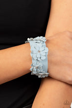 Load image into Gallery viewer, Dotted with dainty white rhinestone centers, textured Glacier Lake leather petals layer into a blooming floral centerpiece atop the front of a thick Glacier Lake leather band for a rustic finish. Features an adjustable snap closure.  Sold as one individual bracelet.
