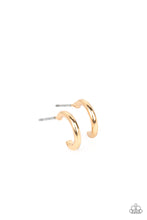 Load image into Gallery viewer, A glistening gold bar curves into a classic hoop, creating a dainty peek of shimmer. Earring attaches to a standard post fitting. Hoop measures approximately 1/2&quot; in diameter.  Sold as one pair of hoop earrings.
