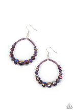 Load image into Gallery viewer, Featuring a flashy faceted finish, purple gems with a kaleidoscopic overlay gradually increase in size as they glide along a wire hoop, resulting in a stellar teardrop. Earring attaches to a standard fishhook fitting. Sold as one pair of earrings.

