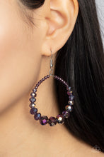 Load image into Gallery viewer, Featuring a flashy faceted finish, purple gems with a kaleidoscopic overlay gradually increase in size as they glide along a wire hoop, resulting in a stellar teardrop. Earring attaches to a standard fishhook fitting. Sold as one pair of earrings.
