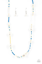 Load image into Gallery viewer, Irregular-shaped pearls in varying sizes are scattered amongst blue, yellow, and white seed beads that are threaded along a wire, resulting in a refreshing and playful style below the collar.  Sold as one individual necklace. Includes one pair of matching earrings.
