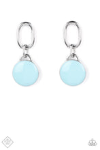 Load image into Gallery viewer, A disc painted in pastel blue enamel is set in a simple silver frame, where it sways from the bottom of an oblong silver link to create a charming modern lure. Earring attaches to a standard post fitting.  Sold as one pair of post earrings.
