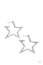 Load image into Gallery viewer, A hammered silver bar delicately folds into a star-shaped hoop, resulting in a stellar metallic shimmer. Earring attaches to a standard post fitting.  Sold as one pair of hoop earrings.
