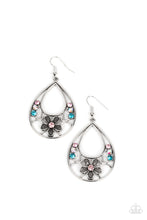 Load image into Gallery viewer, Dotted with dainty multicolored rhinestones, a fractured floral pattern blooms inside an airy teardrop frame for a whimsical fashion. Earring attaches to a standard fishhook fitting.  Sold as one pair of earrings.
