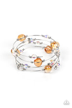 Load image into Gallery viewer, Glassy, orange and iridescent beads sporadically dot a strand of skinny wire, creating the illusion of floating spheres as they coil around the wrist in an infinity-wrap bracelet. One side of each marble-like bead is dipped in a silver coating, adding a hint of metallic shimmer to the abstract design, as rhinestone-encrusted accents add sparkling detail. Due to its prismatic palette, color may vary.  Sold as one individual bracelet.

