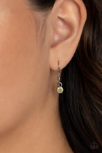 Load image into Gallery viewer, A simple silver hoop is centered between strands of oblong silver chain links. A collection of charms swings from the airy hoop, including a silver bar stamped with the word &quot;Believe&quot;, a silver bird charm, a faceted blue gem, and a dainty iridescent rhinestone. Features an adjustable clasp closure. Due to its prismatic palette, color may vary.  Sold as one individual necklace. Includes one pair of matching earrings.
