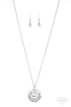 Load image into Gallery viewer, Dotted in a rainbow of dainty rhinestones, a shiny silver disc sits atop two overlapping silver discs that gradually increase in size.  Sold as one individual necklace. Includes one pair of matching earrings.

