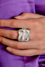 Load image into Gallery viewer, Rich white rhinestones, chiseled into dramatic emerald-cuts, fall in line along twisting bands of silver.  Sold as one individual ring.
