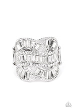 Load image into Gallery viewer, Rich white rhinestones, chiseled into dramatic emerald-cuts, fall in line along twisting bands of silver.  Sold as one individual ring.
