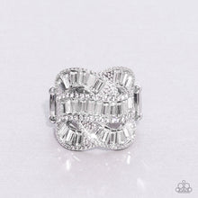 Load image into Gallery viewer, Rich white rhinestones, chiseled into dramatic emerald-cuts, fall in line along twisting bands of silver.  Sold as one individual ring.
