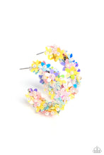 Load image into Gallery viewer, A floral explosion, encompassing the entirety of a thick silver hoop, features reflective light blue, pink, and yellow flowers dotted with dainty pearl centers for a dreamy, whimsicality below the ear. Earring attaches to a standard post fitting. Hoop measures approximately 1 1/2&quot; in diameter.  Sold as one pair of hoop earrings.
