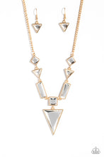 Load image into Gallery viewer, An array of glassy white gems are chiseled into geometric shapes and pressed into shimmery gold frames. The angular display falls to a dramatic point at the center, where a square-cut gem anchors an upside-down triangular pendant for a flawless finish. Features an adjustable clasp closure.  Sold as one individual necklace. Includes one pair of matching earrings.

