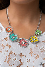 Load image into Gallery viewer, Dotted with dainty white rhinestone petal edges and white gem centers, a vibrant assortment of Burnt Coral, Samoan Sun, Orange Tiger, apple green, and tiffany blue flowers link below the collar for a playful pop of color. Features an adjustable clasp closure.  Sold as one individual necklace. Includes one pair of matching earrings.

