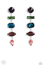 Load image into Gallery viewer, Five various-cut multicolored rhinestones, set in classic shiny silver pronged settings, stack one over the other creating a colorfully industrial lure. Earring attaches to a standard post fitting.  Sold as one pair of post earrings.
