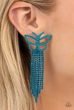 Load image into Gallery viewer, Glassy blue rhinestones, encrusted along the front of a blue butterfly frame, create a whimsical centerpiece. Staggered rows of different blue rhinestones pressed in delicate blue square fittings cascade from the sparkly centerpiece, seemingly lifting the butterfly off to its glitzy flight. Earring attaches to a standard post fitting.  Sold as one pair of post earrings.
