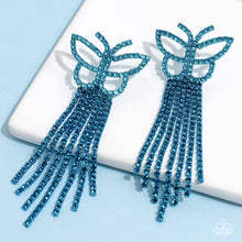 Load image into Gallery viewer, Glassy blue rhinestones, encrusted along the front of a blue butterfly frame, create a whimsical centerpiece. Staggered rows of different blue rhinestones pressed in delicate blue square fittings cascade from the sparkly centerpiece, seemingly lifting the butterfly off to its glitzy flight. Earring attaches to a standard post fitting.  Sold as one pair of post earrings.

