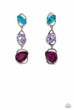 Load image into Gallery viewer, Linking together to create a geometric lure, a sleek silver oval, teardrop, and emerald-cut frame cascade down the ear. Slanted sideways in pronged settings across each frame, a fuchsia teardrop, purple oval-cut, and aquamarine marquise-cut gem create a gorgeous pop of color against the thin edgy frames. Earring attaches to a standard post fitting.  Sold as one pair of post earrings.
