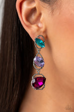 Load image into Gallery viewer, Linking together to create a geometric lure, a sleek silver oval, teardrop, and emerald-cut frame cascade down the ear. Slanted sideways in pronged settings across each frame, a fuchsia teardrop, purple oval-cut, and aquamarine marquise-cut gem create a gorgeous pop of color against the thin edgy frames. Earring attaches to a standard post fitting.  Sold as one pair of post earrings.
