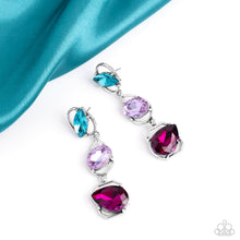 Load image into Gallery viewer, Linking together to create a geometric lure, a sleek silver oval, teardrop, and emerald-cut frame cascade down the ear. Slanted sideways in pronged settings across each frame, a fuchsia teardrop, purple oval-cut, and aquamarine marquise-cut gem create a gorgeous pop of color against the thin edgy frames. Earring attaches to a standard post fitting.  Sold as one pair of post earrings.
