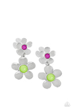 Load image into Gallery viewer, Sleek silver flowers featuring glassy orchid and pale green beaded centers gradually increase in size as they fall from the ear, infusing the sophisticated design with whimsical movement. Earring attaches to a standard post fitting.  Sold as one pair of post earrings.
