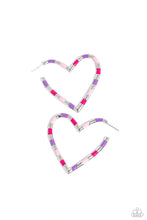 Load image into Gallery viewer, A simple silver hoop of silver curves around the ear into a heart-shaped frame. Featured on the heart frame, stripes of light pink, purple, and hot pink alternate with the high-sheen finish of the silver for a lasting impression. Earring attaches to a standard post fitting. Hoop measures approximately 1 3/4&quot; in diameter.   Featured inside The Preview at Made for More! Sold as one pair of hoop earrings.
