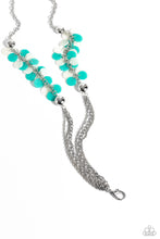 Load image into Gallery viewer, Flared between two oversized silver beads, a collection of turquoise and white shell-like beads give way to sections of silver chains that connect across the chest for a colorful summery look. A lobster clasp hangs from the bottom of the elongated design to allow a name badge or other item to be attached. Features an adjustable clasp closure.  Sold as one individual lanyard. Includes one pair of matching earrings.
