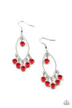 Load image into Gallery viewer, Glassy red gems dangle from the top and bottom of a textured silver marquise frame, creating a glamorous fringe. Earring attaches to a standard fishhook fitting.  Sold as one pair of earrings.
